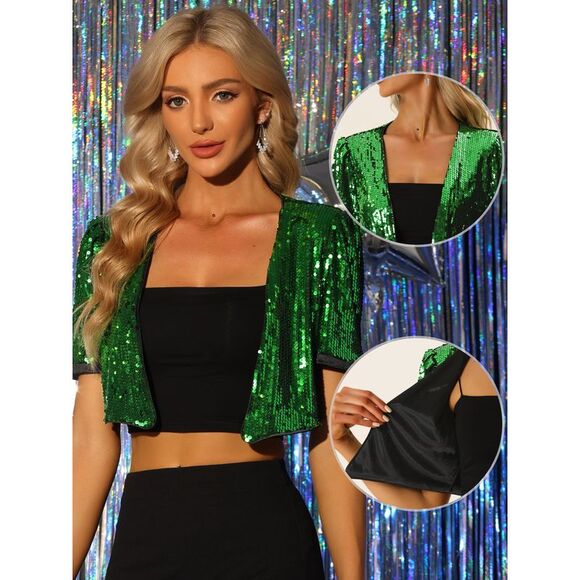 Sequin Shrug Puff Short Sleeve Open Front Glitter Cropped Jackets green - Picture 2 of 5